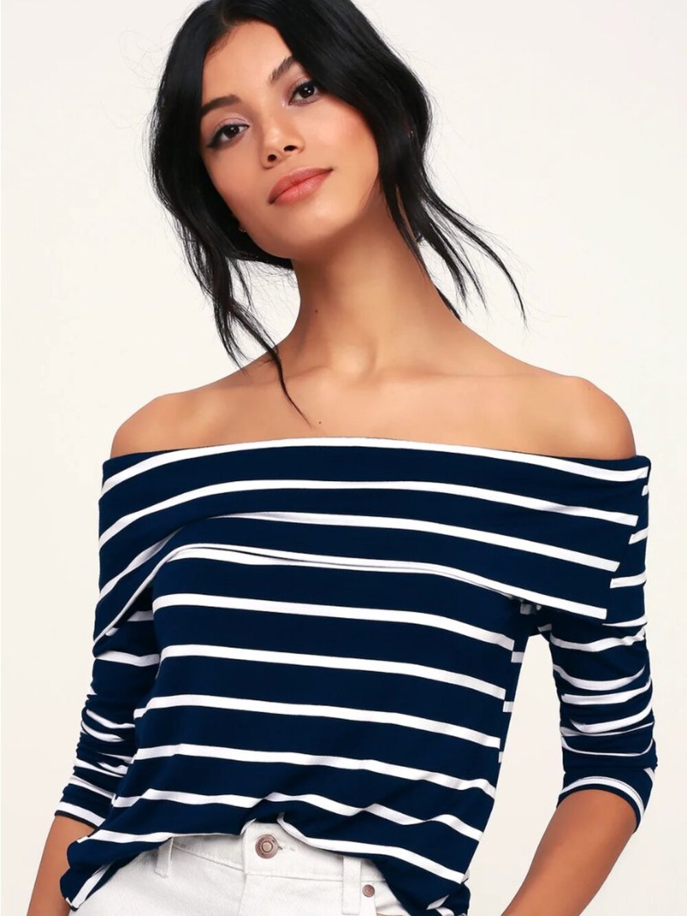 Lulus Fairhaven Basics Off-Shoulder Navy and White Stripe Long-Sleeve Top